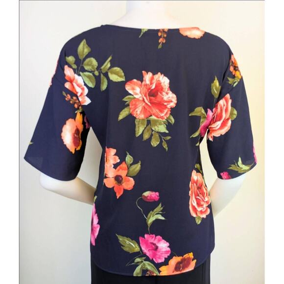 West Kei Floral Blouse Medium P Navy Pink Orange Green Tie Waist Half Sleeve - Picture 6 of 12